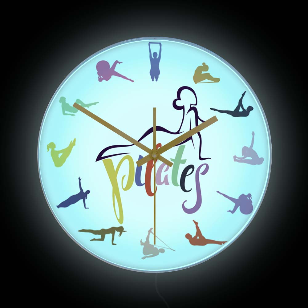 Yoga Fitness Room - Pilates Pozları Renkli Baskılı Duvar Saati
