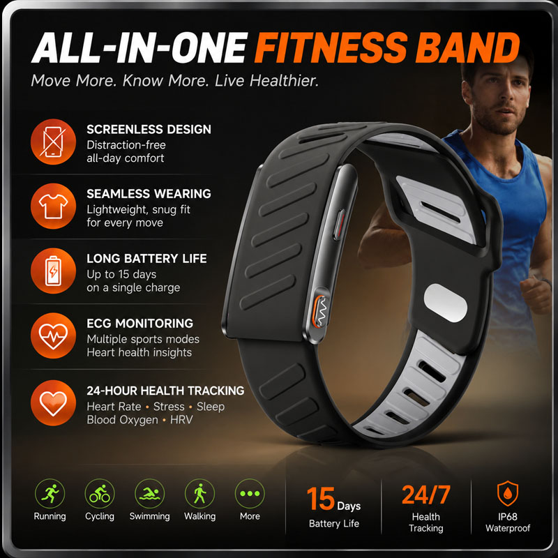 Fitness Tracker Band - Yeni Ekranlı Olmayan Akıllı Sağlık Bandı,